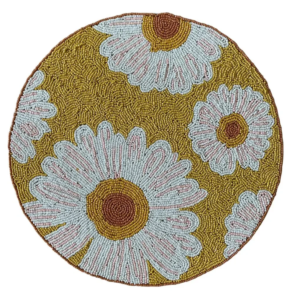RACHEL ZOE Glass Hand Beaded Charger Placemat Bright Yellow & White Floral NEW
